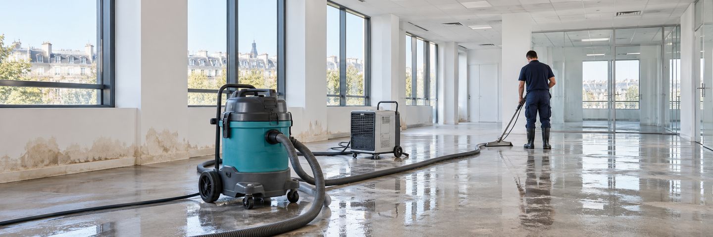 Matériel d’extraction et d’assèchement dans un local après entrée d’eau, illustration pour Nantes