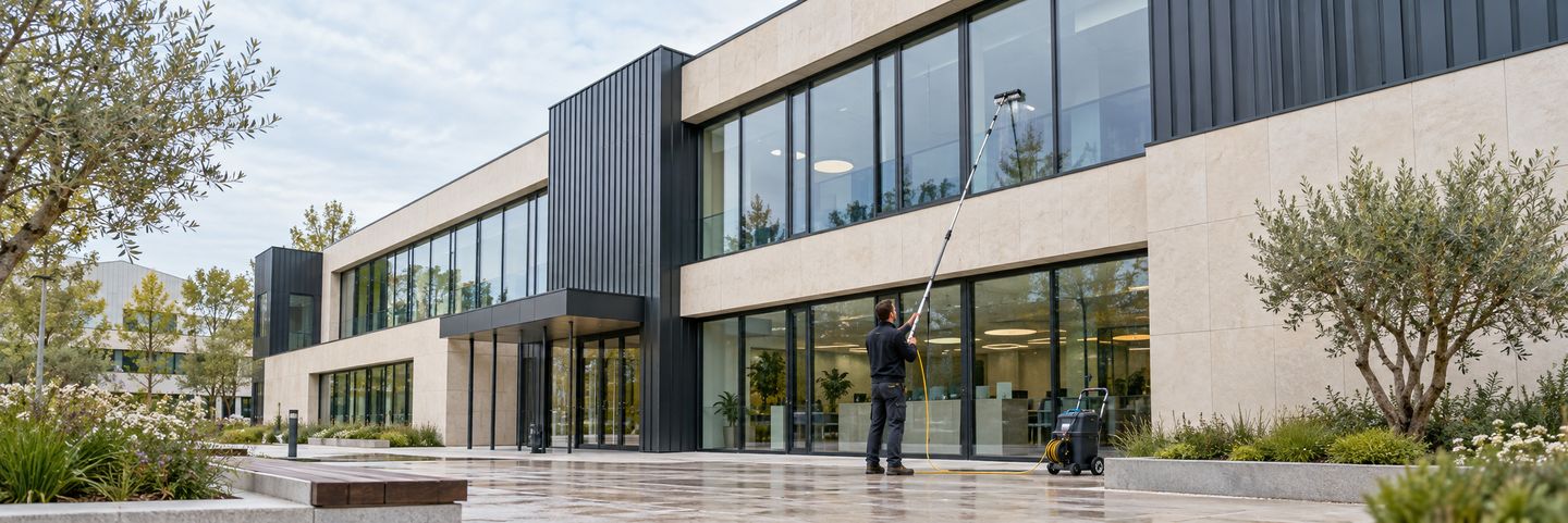 Nettoyage de vitrages et façade d’un bâtiment professionnel, visuel d’illustration pour Nantes