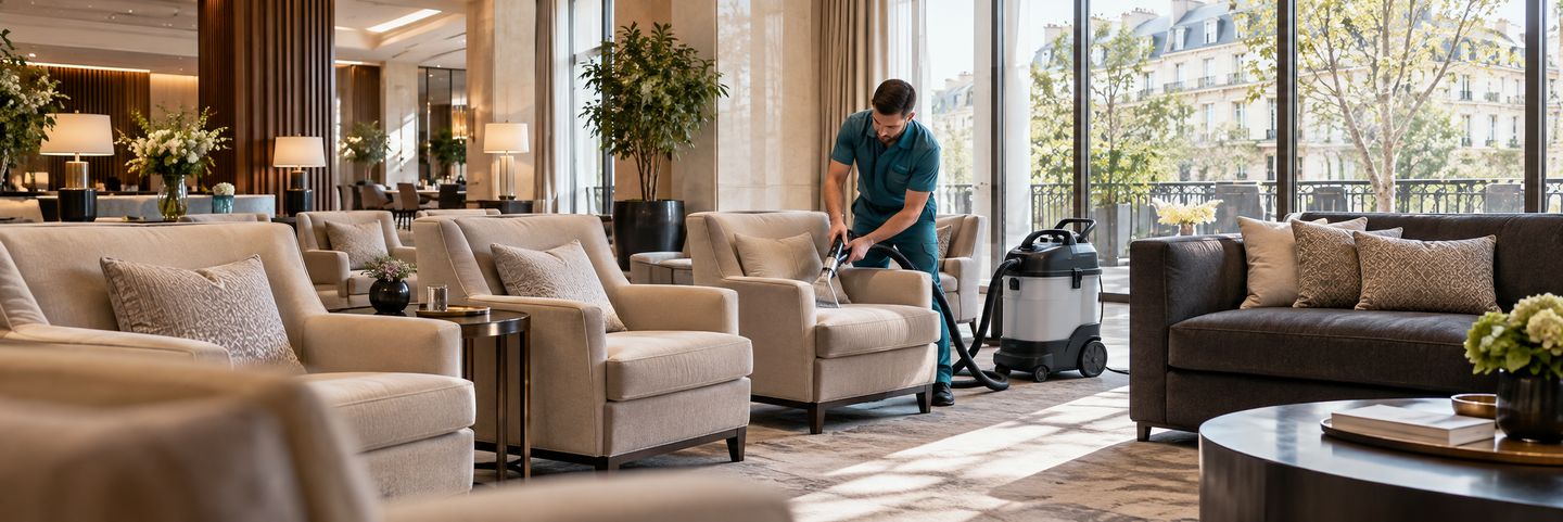 Nettoyage par extraction d’un fauteuil dans un salon hôtelier, illustration de la prestation à Nantes