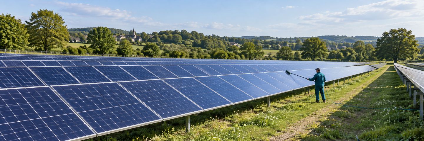 Entretien de panneaux photovoltaïques dans un parc au sol, visuel d’illustration pour la Loire-Atlantique